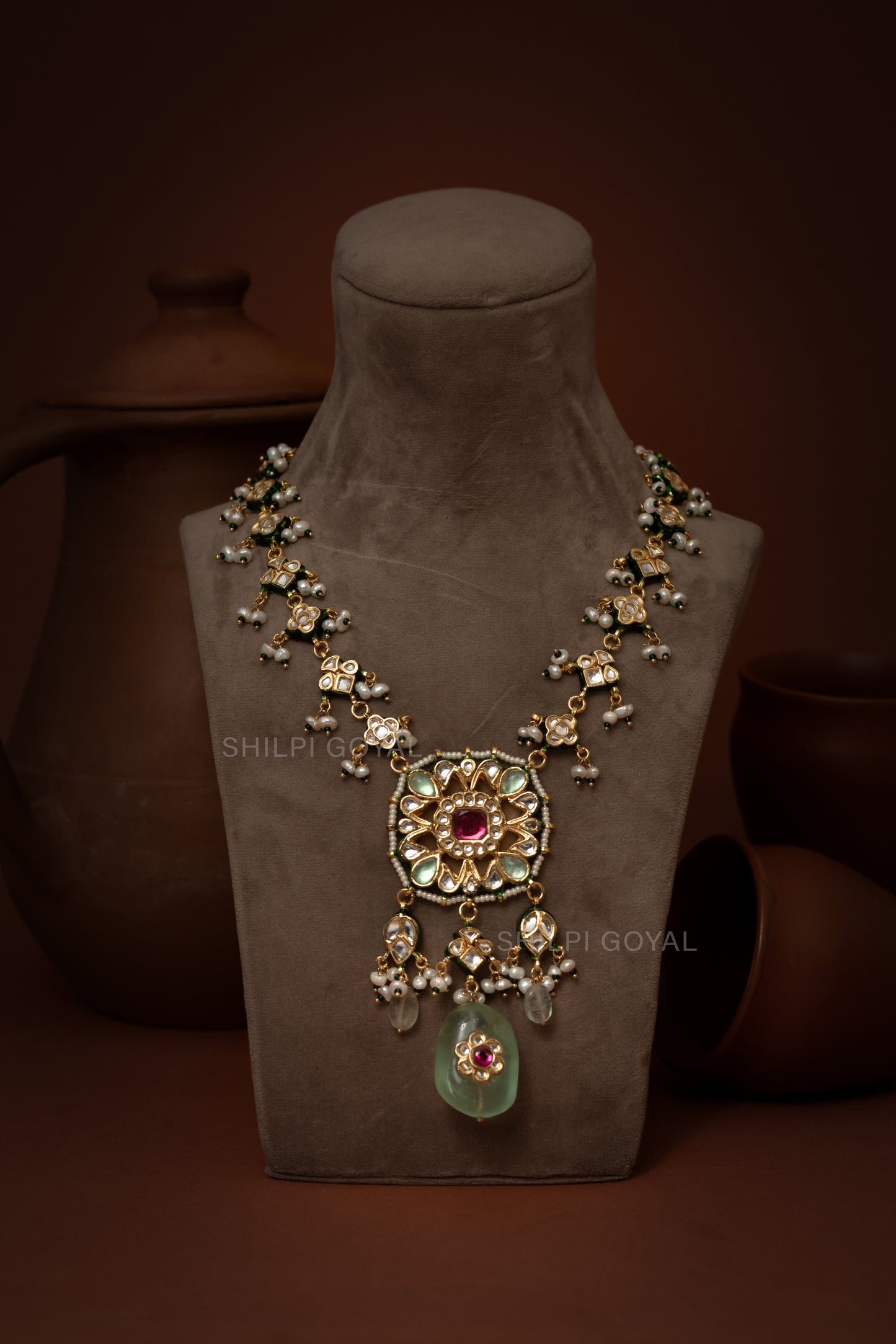 Mazhar Handcrafted Silver Alloy Necklace With Fluorite Stone And Kundan