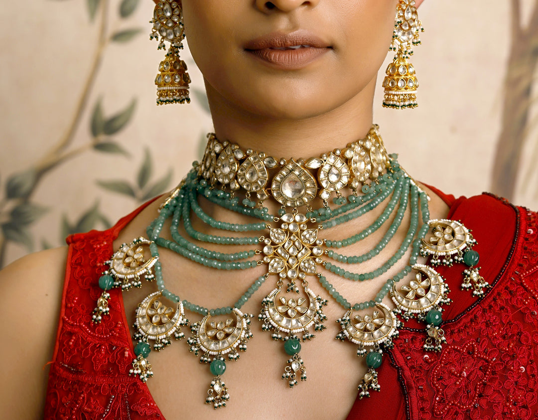 Green kundan multilayered bridal set