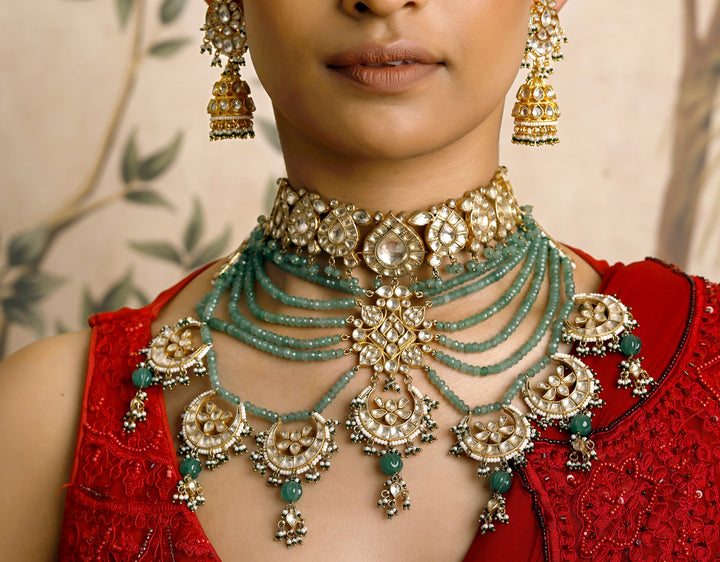 Green kundan multilayered bridal set