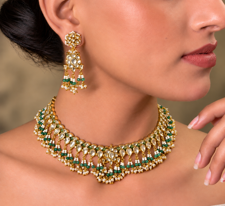 Arshia Green White Kundan Necklace Set