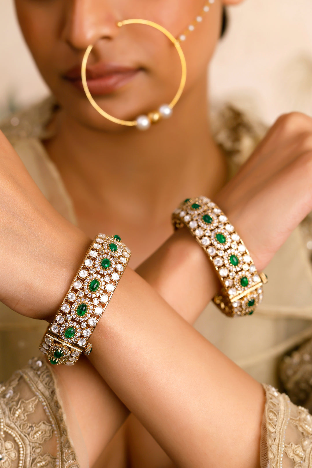 Green Polki Emerald Bangle(Single Piece)