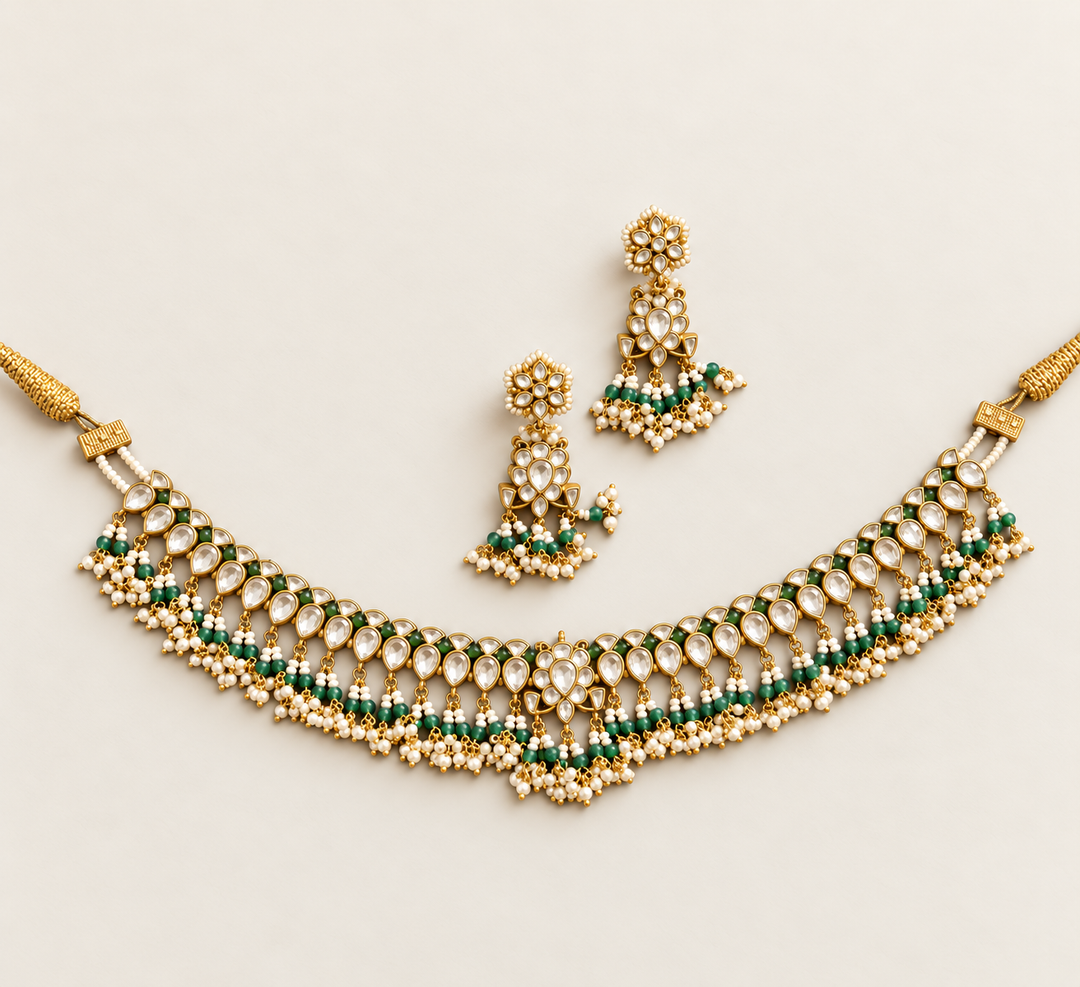 Arshia Green White Kundan Necklace Set