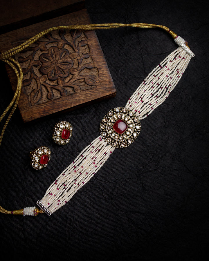Nora Red moissanite Chokar Necklace Set
