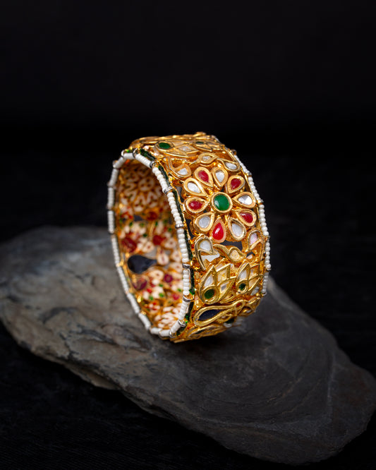 Iyaas Handcrafted Silver Alloy Bangle With Semi-Precious Stones And Enameling