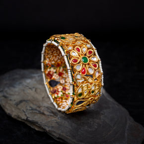 Iyaas Handcrafted Silver Alloy Bangle With Semi-Precious Stones And Enameling