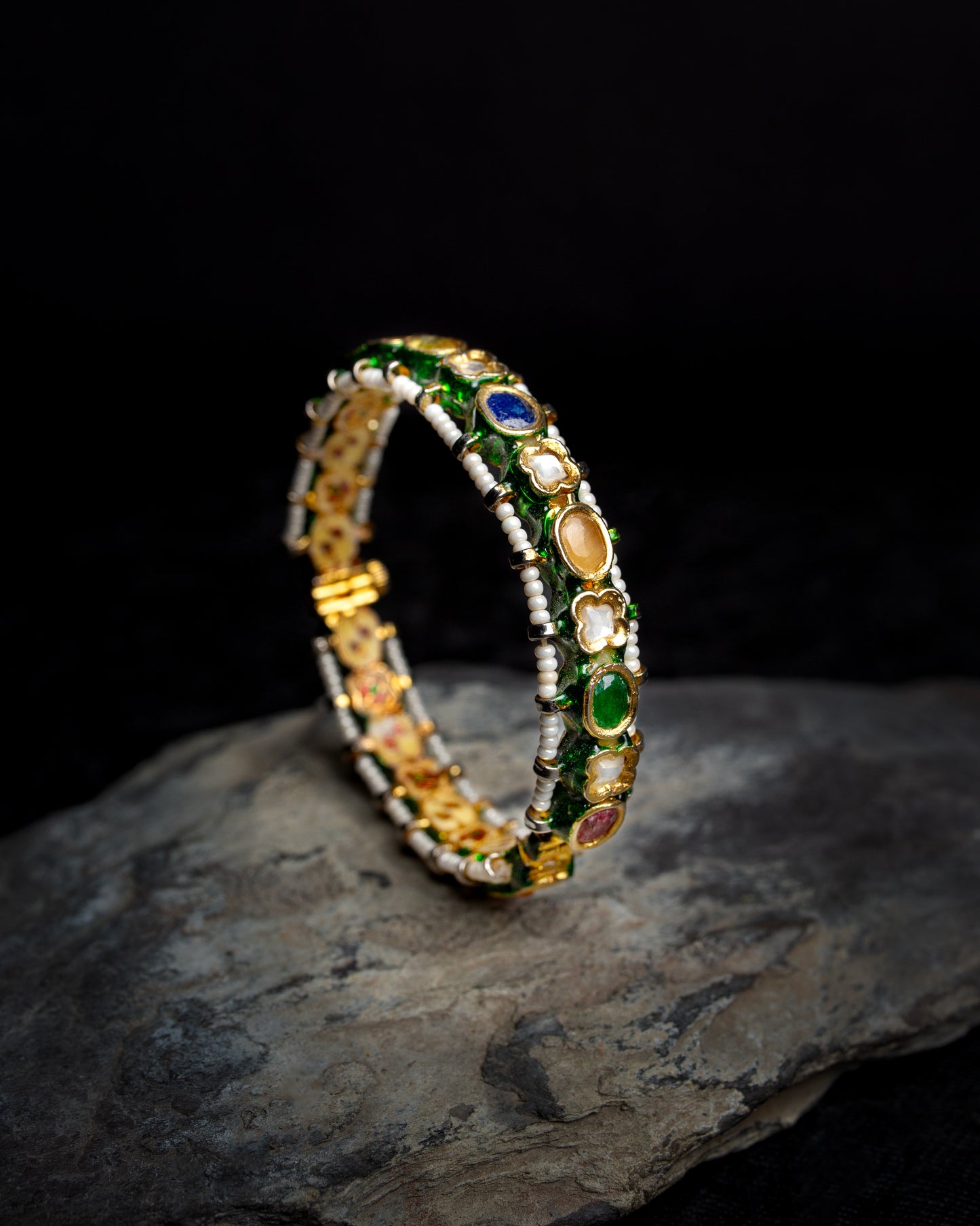 Handcrafted Silver Alloy Bangle With kundan Stones And Enameling