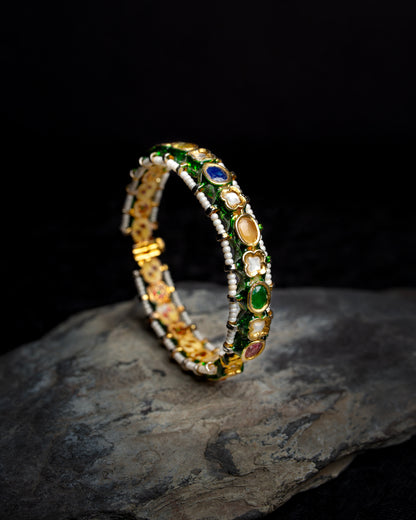 Handcrafted Silver Alloy Bangle With kundan Stones And Enameling