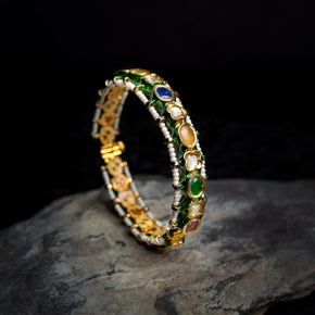 Handcrafted Silver Alloy Bangle With kundan Stones And Enameling