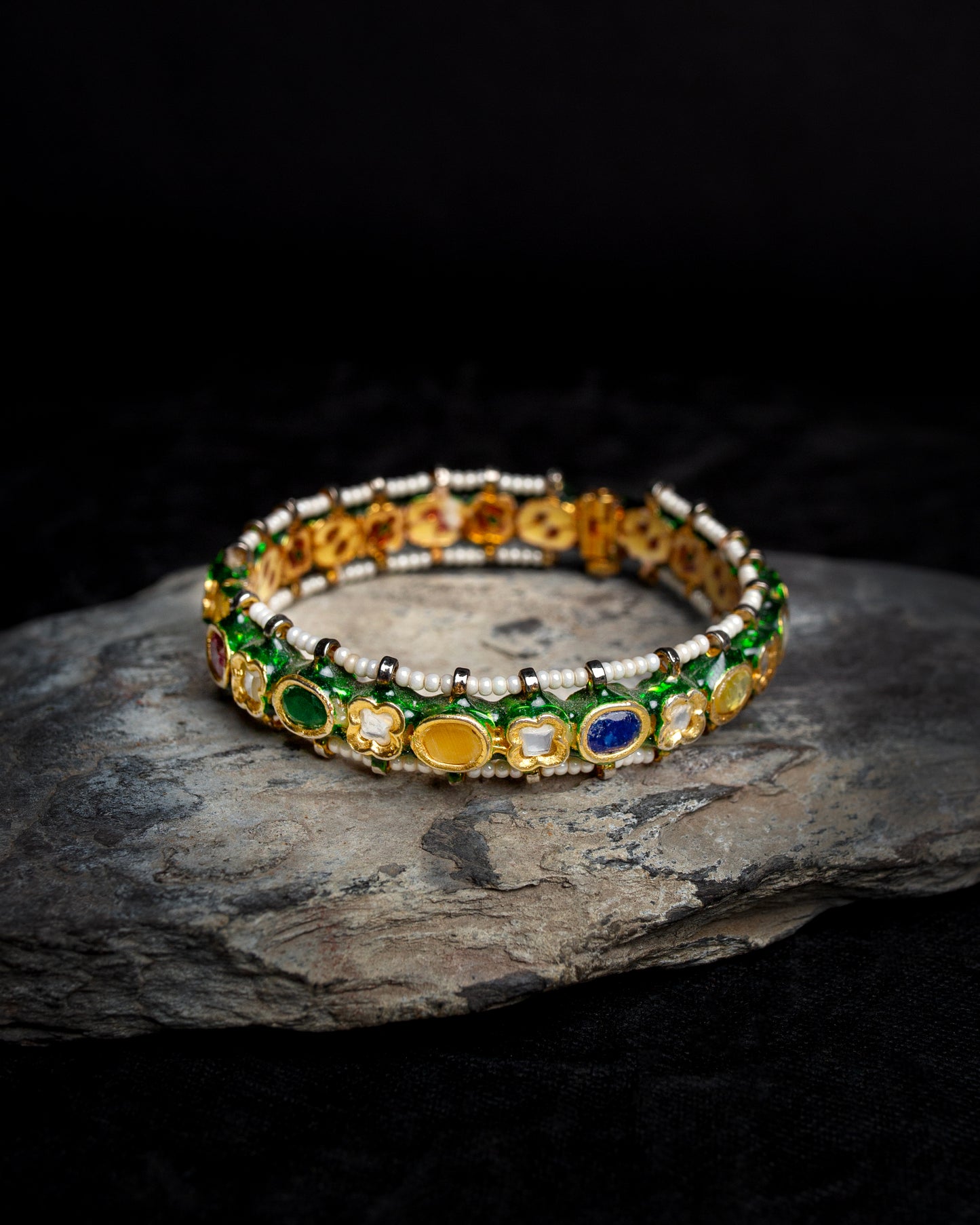 Handcrafted Silver Alloy Bangle With kundan Stones And Enameling