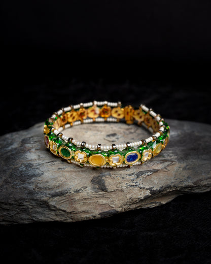 Handcrafted Silver Alloy Bangle With kundan Stones And Enameling