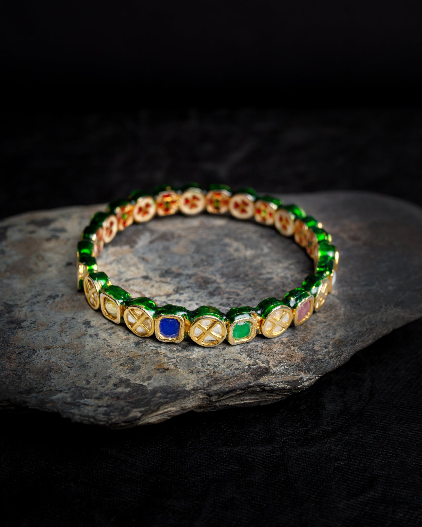 Silver Alloy Bangle With Semi-Precious Stones And kundan