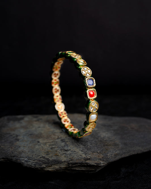 Silver Alloy Bangle With Semi-Precious Stones And kundan