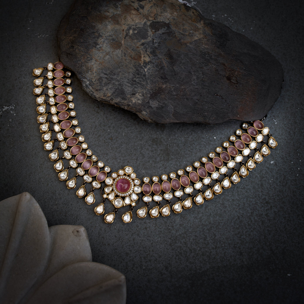 Zeenat Pink Mint Polki Necklace