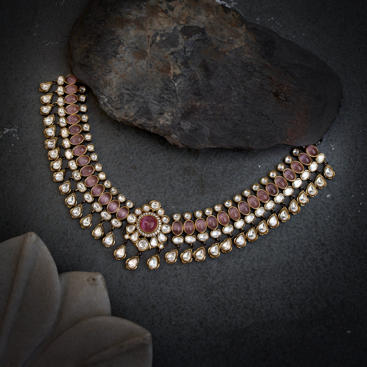 Zeenat Pink Mint Polki Necklace