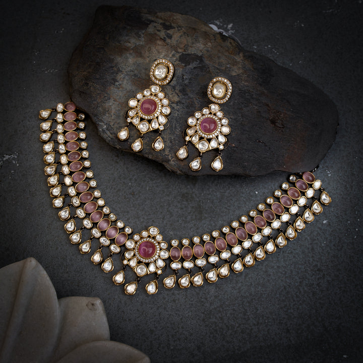 Zeenat Pink Mint Polki Necklace